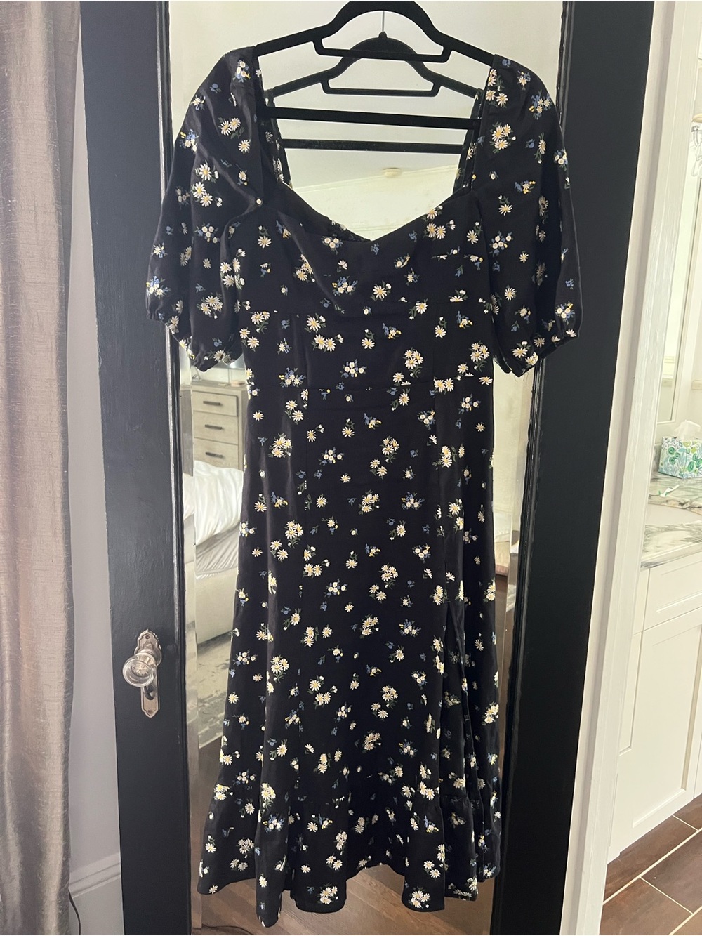 Reformation Black Midi Dress with White & Yellow Daisies